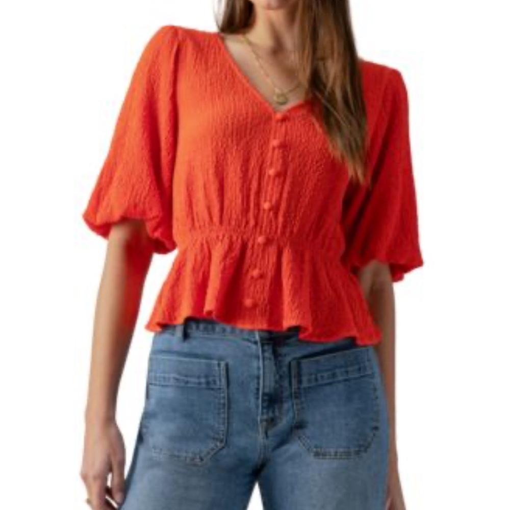 Sanctuary Textured Button-Front Peplum Top Women's Spicy Orange Elbow Sleeve L